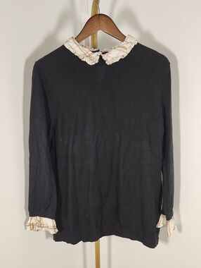 LOFT Black Long-Sleeve Top with Cream Plaid Ruffle Collar and Cuffs